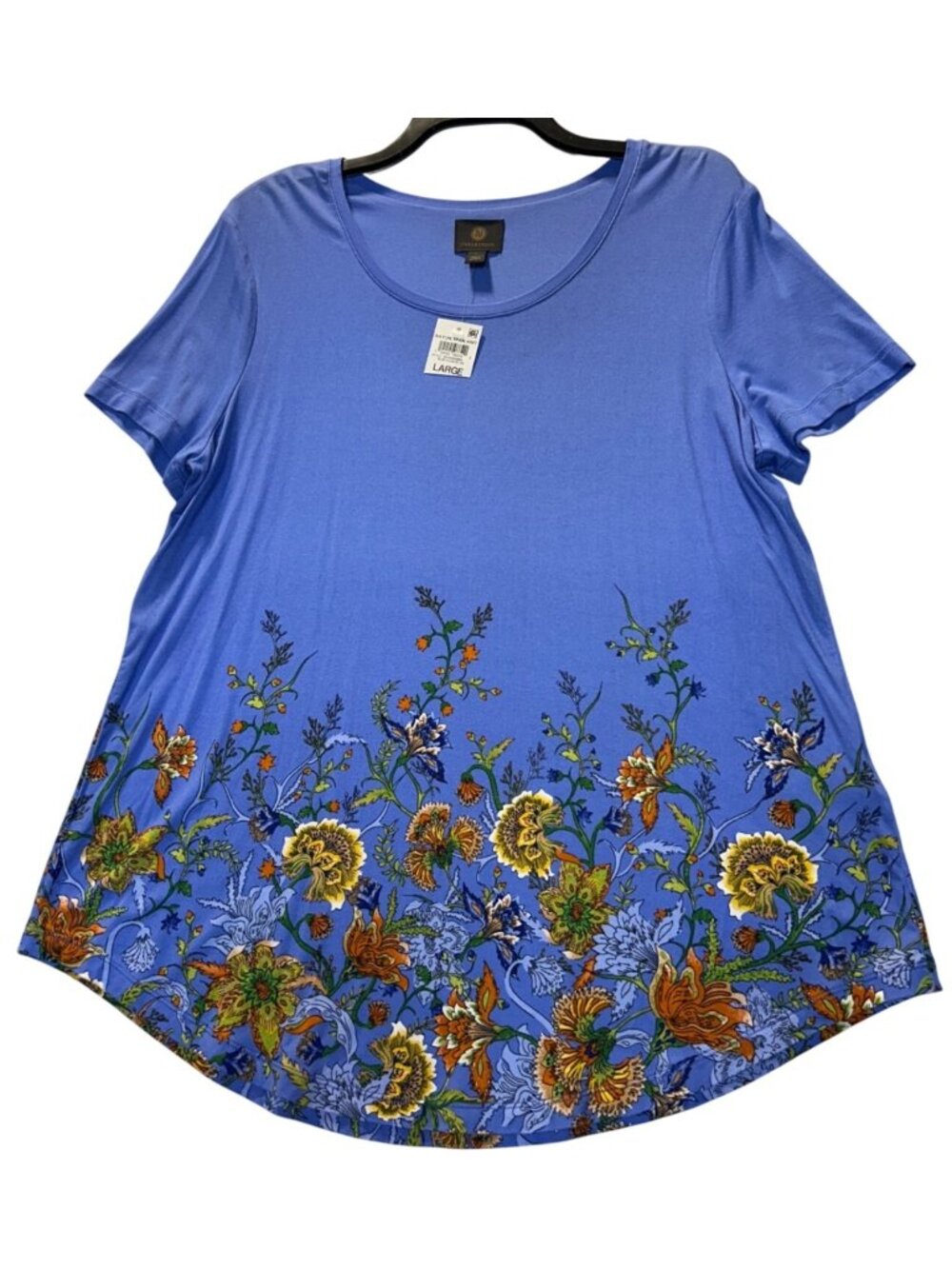 JM Collections Womens Size Large Blue Floral Print Short Sleeve Tunic Top